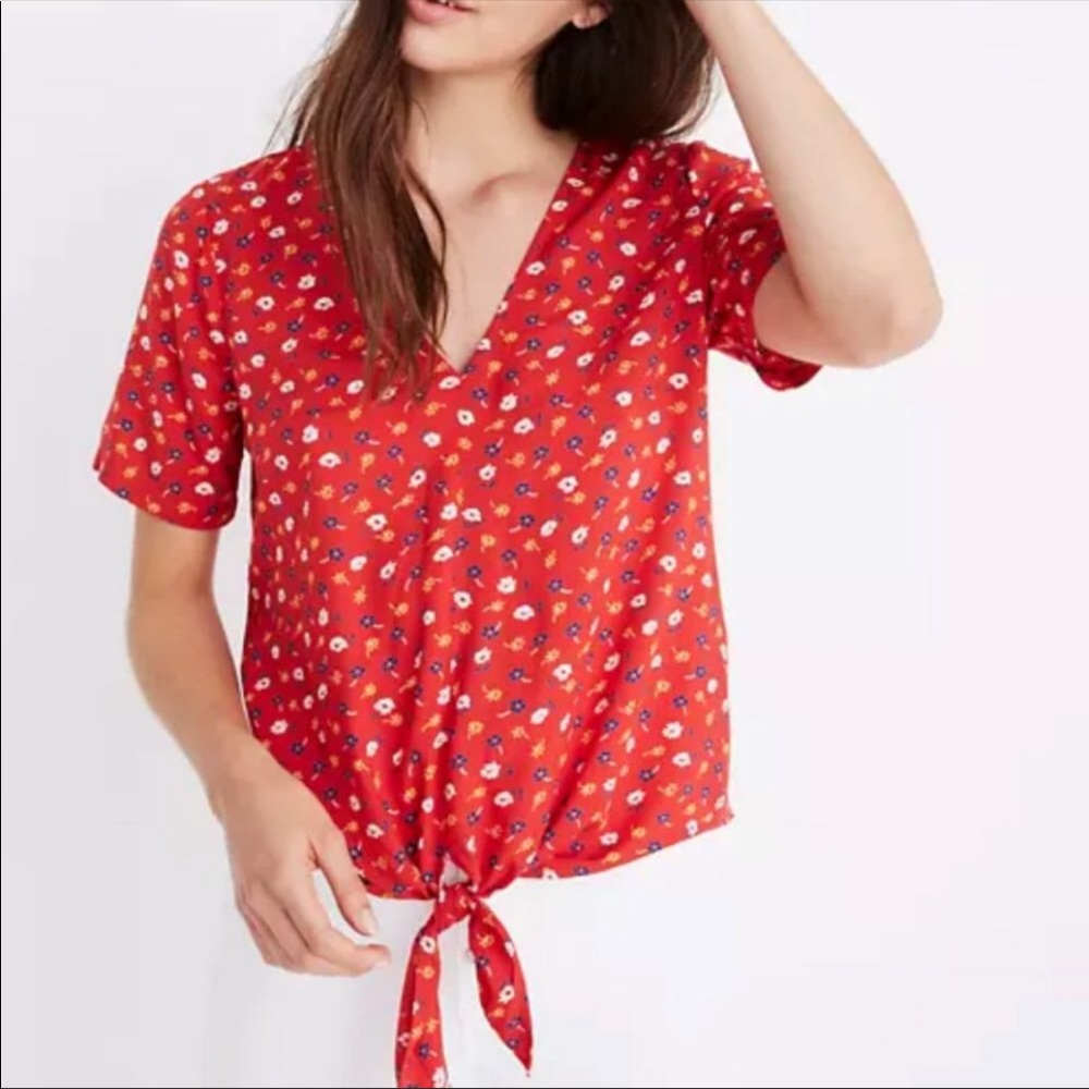 Red floral Madewell top with tie front size XL